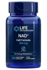 Life Extension NAD+ Cell Formula 300 mg supplement bottle, 30 vegetarian capsules for energy metabolism.